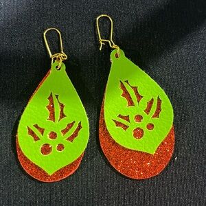 Christmas Earrings Green Leather and Red Glitter Christmas Holly Leaf design